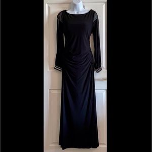 Elegant Long Black Chiffon/Jersey Gown Beaded Crystal Cuffs & Sheer Slit Sleeves